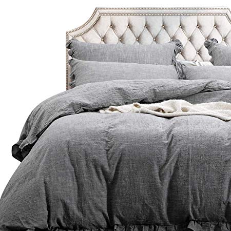 NTBAY 3 Pieces Solid Color Linen Duvet Cover Set with Exquisite Ruffles Design, Breathable (Grey, Queen)