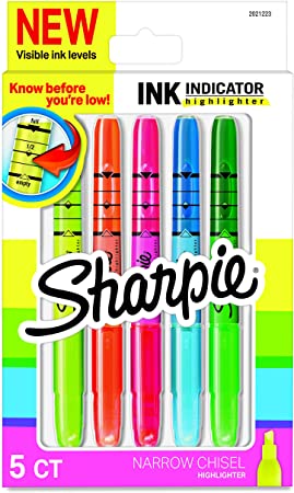 Sharpie Ink Indicator Stick Highlighters, Chisel Tip, Assorted Fluorescent, 5 Count