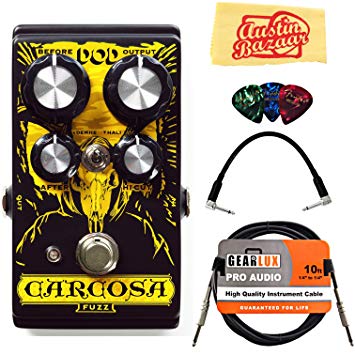 DigiTech DOD Carcosa Fuzz Analog Fuzz Pedal Bundle with Instrument Cable, Patch Cable, Picks, and Austin Bazaar Polishing Cloth