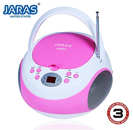 Jaras Limited Edition Portable Pink Boombox Stereo CD Player with AM/FM Stereo Radio and Aux Line-in