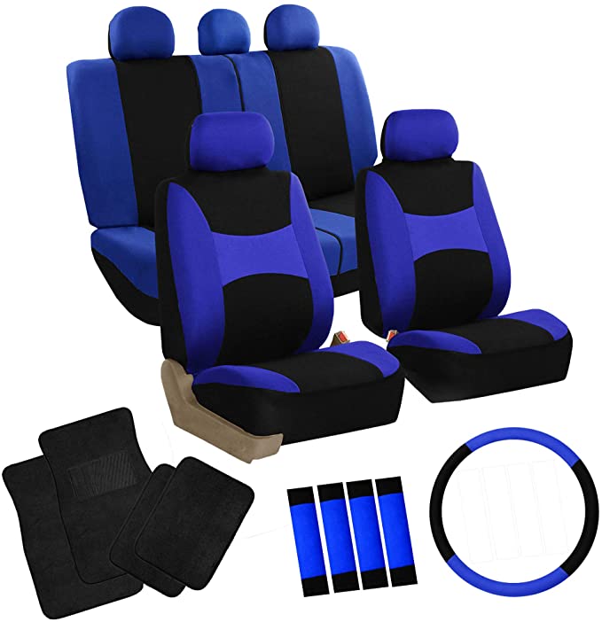 FH Group FH-FB030115 Light & Breezy Blue/Black Cloth Seat Cover Set Airbag & Split Ready with Steering Wheel Cover, Seat Belt Pads and Floor Mats- Fit Most Car, Truck, SUV, or Van