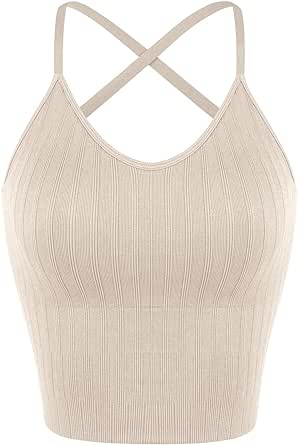 ODODOS Seamless Padded Sports Bra for Women Criss-Cross Back Longline Wirefree Brami Ribbed Crop Tank Tops