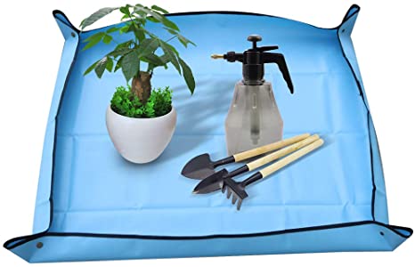 Ymeibe 29.5''×29.5'' Indoor Plant Re-potting Mat Foldable Transplanting Work Cloth Waterproof Oxford and PVC Dirty Catcher Gardening Succulent Potting Tarp (Blue)