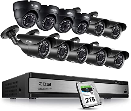 ZOSI 16CH 1080P Security Camera System- 16 Channel dvr with 12PCS Cameras & 2TB HDD for Outdoor Indoor Surveillance with Remote app 120ft Night Vision Motion Detection