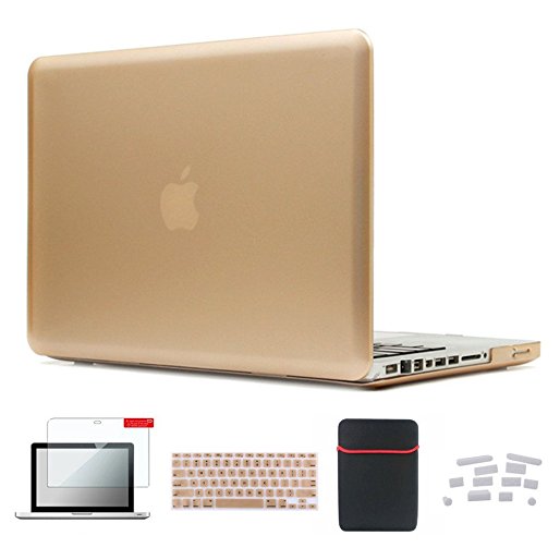 Se7enline Macbook Air Case Cover Sleeve 5in1 Set Accessories for 13 inch Macbook Air model A1369/A1466 Hard Shell with Soft Sleeve Bag, Rubberized Keyboard Cover, Screen Protector, Dust plug, Gold
