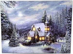 BANBERRY DESIGNS Lighted Church Christmas Canvas Print - Light Up LED Winter Woodland Country - Snowy Forest Setting