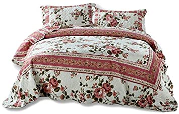 DaDa Bedding Cottage Bedspread Set Dusty Roses Reversible Quilted Coverlet Vibrant Floral Multi Colorful Mauve Pink, Twin, Multicolor