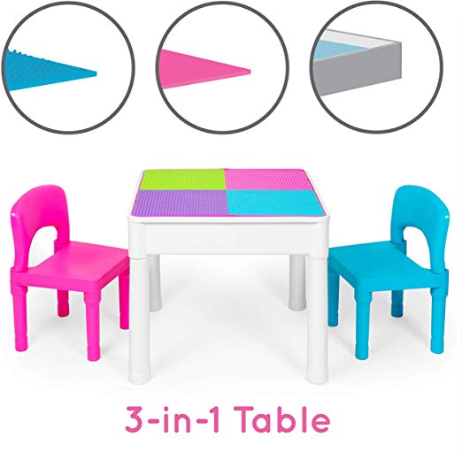 Kids Activity Table Set - 3 in 1 Water Table, Craft Table and Building Brick Table with Storage - Includes 2 Chairs and 25 Jumbo Bricks - Pastel Colors