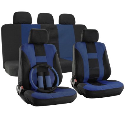 OxGord 17pc Set Flat Cloth Mesh Blue & Black H Stripe Seat Covers Set - Airbag Compatible - Front Low Back Buckets - 50/50 or 60/40 Rear Split Bench - 5 Head Rests - Universal Fit for Car, Truck, Suv, or Van - FREE Steering Wheel Cover