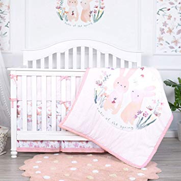 TILLYOU Luxury 8 Pieces Floral Crib Bedding Set (Crib Bumpers, Quilt, Crib Sheets, Crib Skirt) - Floral & Bunny Printed Nursery Bedding Set for Girls, Pink