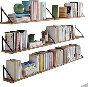 Wallniture Bora 60"x6" Rustic Floating Shelves for Wall Storage, Wall Bookshelf, Wall Shelves for Bedroom, Office & Kitchen Wall Shelf Set of 3, Burnt, Wood