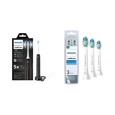 Philips Sonicare 4100 Electric Rechargeable Power Toothbrush, Black, with Genuine Philips Sonicare Optimal Plaque Control Replacement Toothbrush Heads, White, 3 Pack