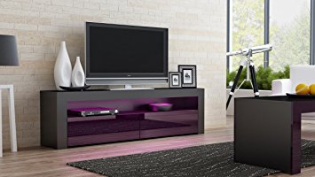 TV Console MILANO Classic BLACK - TV stand up to 70-inch flat TV screens – LED lighting and High Gloss finish front doors – Mesa TV Milano para televisores hasta 70 pulgadas (Black & Purple)
