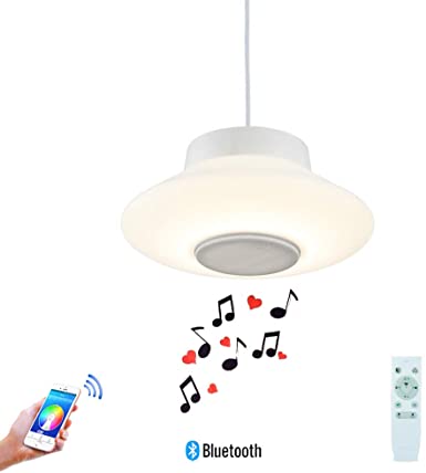 HOREVO 30W Length Adjustable LED Mini Pendant Light White and Acrylic Modern Design Music Ceiling Light with Bluetooth Speaker for Kitchen Living Room Dining Room Restaurant (Remote and APP)