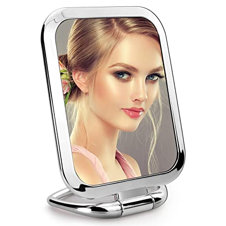 1x/3x Double Sided Magnifying Handheld Mirror,Travel Folding Makeup Mirror，Square Small Standing Vanity Mirror for Multi-Hanging Wall Mirror (Silver)