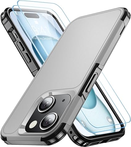 Shockproof for iPhone 15 Case,[15 FT Military Grade Drop Protection],with 2X [Tempered Glass Screen Protector ] with Air Bumpers Full-Body Protective Phone Case,Warship Grey