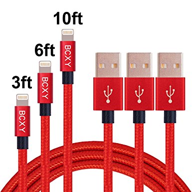 BCXY 3Pcs 3ft/6ft/10ft Nylon Braided IPhone Cable,Lightning To USB Charger, 8 Pin Lightning To USB Sync & Charging Cable Cord For IPhone 7/7 Plus,6/6Plus/6S,5/5S/5C/SE,iPadI IOS Devices (Red)