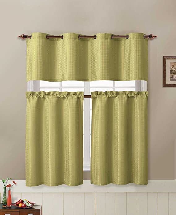 Victoria Classics Jacquard Kitchen Window Curtain Set : 2 Rod Pocket Tier Panel Curtain, 1 Valance with Metal Grommet (Sage Green)