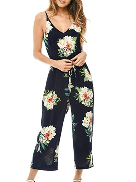 Glamaker Women's Summer Beach V Neck Boho Strap Jumpsuit Long Pants with Floral Print