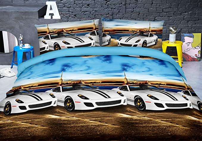 HIG Vivid 3D Bed Sheet Set Super Cars at Seaside Under Blue Sky Scenery Print in Queen King Size - Wrinkle Free, Fade Resistant, Ultra Soft (King, CARBYSEA-Y47)