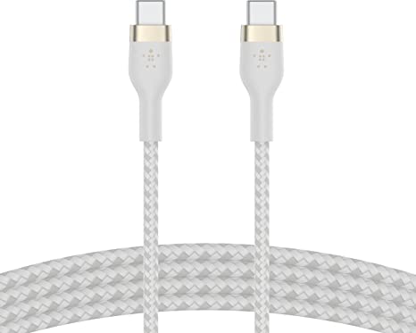 Belkin BoostCharge Pro Flex Braided USB Type C to C Cable (2M/6.6FT), USB-IF Certified Power Delivery PD Fast Charging Cable for MacBook Pro, iPad Pro, Galaxy S22, S21, Ultra, Plus and More - White