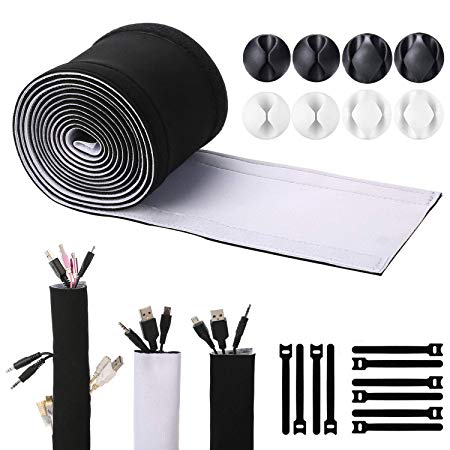 Cable Management Sleeves with Free Cable Clips and ties (118 inches), ENVEL Neoprene Cord Organizer with Free Nylon for TV USB PC Computer Network Wires DIY by Yourself, Adjustable Black and White Reversible Wire Hider (118in 10 ties 8 clips)