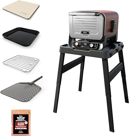 Ninja OO101 Woodfire 8-in-1 Outdoor Oven, Pizza Oven, 700°F, BBQ Smoker, Woodfire Technology, Woodfire Pellets, Portable, Electric, Terracotta Red with XSKOPPL Pizza Peel   XSKUNSTAND Outdoor