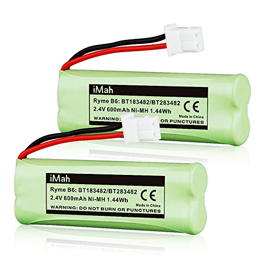 2-Pack iMah Ryme B6 BT183482 BT283482 Ni-MH Cordless Phone Battery for Vtech DS6401 DS6421 DS6422 DS6472 LS6405 LS6425 LS6426 LS6475 LS6476 89-1348-01 DECT 6.0 Home Handset Telephone