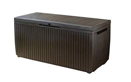 Keter Springwood Plastic Deck Storage Container Box Outdoor Patio Garden Furniture 80 Gal, Brown