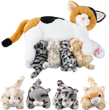 Nurturing Cat Stuffed Animal with Plush Kittens, for Girls and Boys Plushy Kitty Mommy Cat with 4 Baby Cats for Birthday Party Favors Gifts (Lovely Style)