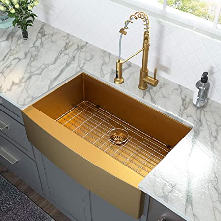 36 Farmhouse Sink Gold - Lordear 36 inch Kitchen Sink Apron Front 16 Gauge Matte Gold Stainless Steel Deep Single Bowl Farm Sink Basin