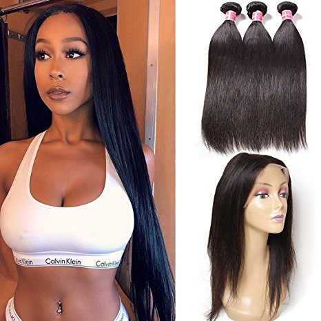 Nadula Brazilian Straight Hair With 360 Frontal Virgin Straight Human Hair 3 Bundles With 360 Lace Frontal Closure (12 14 16 12 Inch 360 Frontal)