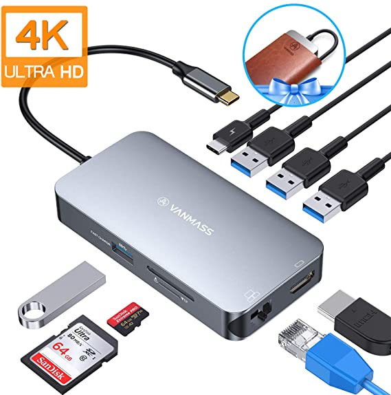 VANMASS USB C Hub, 9 in 1 USB C Adapter with 4K HDMI, RJ45 1Gbps Ethernet, 4 USB 3.0 Ports, Micro SD/SD Card Reader, and 90W PD Charging Port for MacBook Pro/Air & More USB C Devices