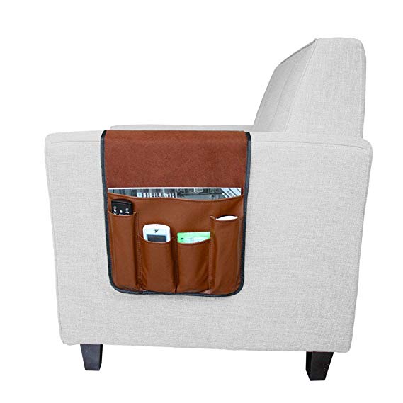 7 Pockets Sofa Armrest Organizer Couch Chair Double Sided Waterproof Caddy Organiser for TV Remote Control Magazine Book Newspaper Phone Holder Storage Bag (Suede Leather-Brown)