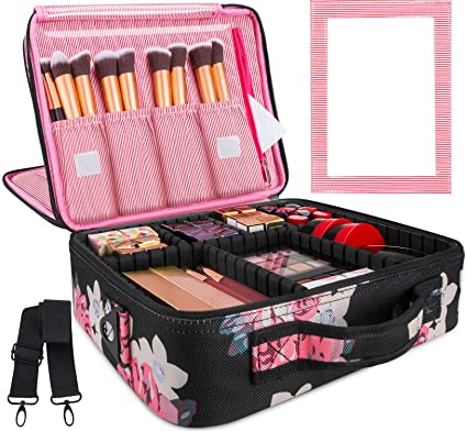 Kootek 2-Layers Travel Makeup Bag, Portable Train Cosmetic Case Organizer with Mirror Shoulder Strap Adjustable Dividers for Cosmetics Makeup Brushes Toiletry Jewelry Digital Accessories