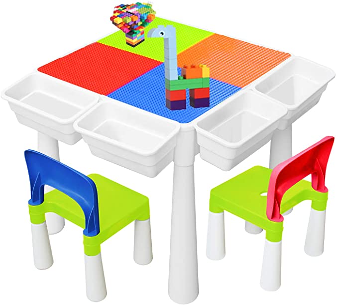 GLAF Kids 4-in-1 Multi Activity Build Table and 2 Chair Set 300 Pieces Small Building Blocks Water Table Play Arts Crafts Table with Storage Space for Kids Todder (300pcs Blocks, 20 inch)