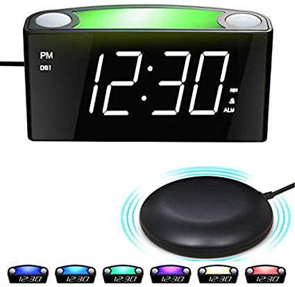 Loud Vibrating Alarm Clock for Heavy Sleeper/Deaf/Hearing Impaired, Large Digital Clock with Bed Shaker, 7" LED Display&Full Range Dimmer,7-Color Night Light,2 USB Ports,Plug-In Clock&Battery Backup
