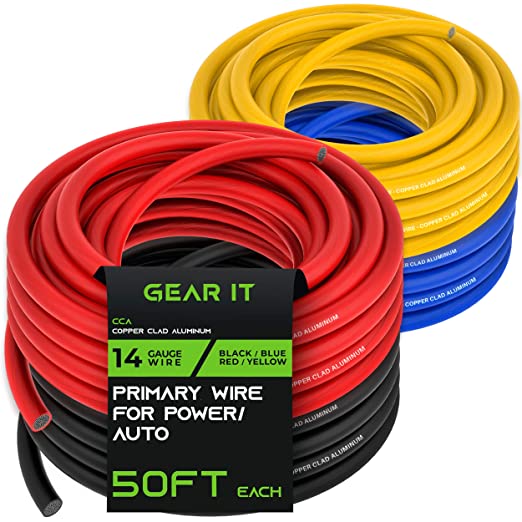GearIT Primary Automotive Wire 14 Gauge (50ft Each- Black/Red/Blue/Yellow) Copper Clad Aluminum CCA - Power/Ground Battery Cable, Car Audio, Wire, Trailer Harness, Electrical Wire - 200 Feet Total