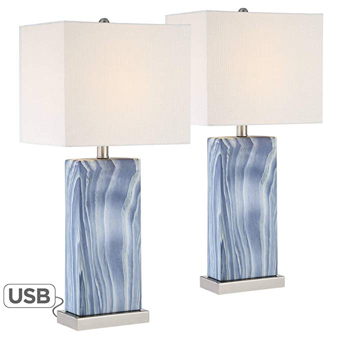 Connie Modern Table Lamps Set of 2 with USB Charging Port Rectangular Blue White Fabric Shade for Living Room Bedroom Bedside Nightstand Office Family - 360 Lighting