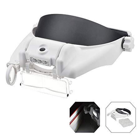 YOCTOSUN LED Light Hands Free Headband Illuminated Magnifier Visor -1.5X to 13X Zoom Headset Head Mounted Magnifying Glasses with Lights for Reading,Jewelry loupe, Watch Electonic Repair Updated