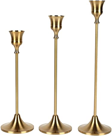 Topsky Candle Holder Brass Gold Candlestick Holders, Set of 3 Candle Stick Holders Set, Taper Candle Holders kit Decorative Candlestick Stand for Wedding Party Dinning