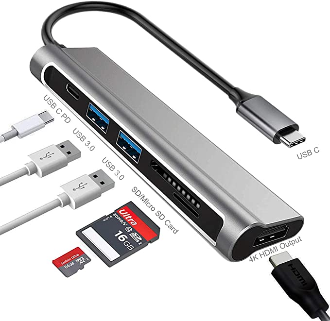 Upgraded-USB C Hub, 6 in1 USB C to HDMI Digital AV Multiport Adapter, USB C Dock with 4K HDMI Port, PD Charging Port, 2 USB3.0, SD/Micro SD Card Reader for MacBook pro, ChromeBook Pixelbook (Grey)