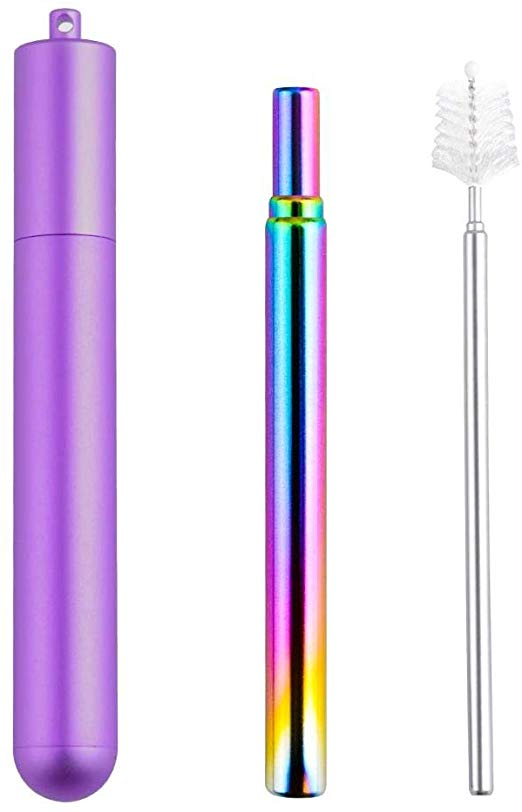 Yaphets Telescopic Straw, Reusable Straws with Case Stainless Steel Metal Straws Folding Straw Drinking  1 Telescopic Cleaning Brush Travel Pocket Size & Portable Straws with Metal Case (Purple)