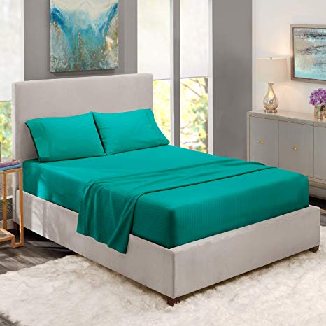 Nestl Bedding Damask Dobby Stripe 4 Piece Set – 14”-16” Deep Pocket Fitted Sheet – Ultra Soft Double Brushed Microfiber Top Sheet – 2 Hypoallergenic Wrinkle Free Cooling Pillow Cases, Cal King - Teal