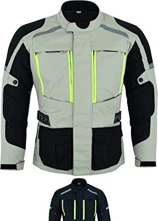 Mens Motorcycle Jacket Waterproof Textile Cordura With Biker Motorbike CE Armour (EN 1621-1) - Texpeed - Off White/Grey - XL