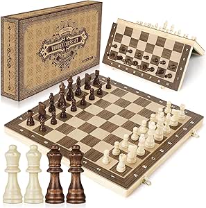 Peradix Magnetic Wooden Chess Game - Folding Chess Board 38 x 38 cm with 2 Queen Pieces - Chess for Adults and Children