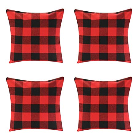 4 Pack Farmhouse Soft Cotton Red Black Buffalo Check Plaids Throw Pillow Cases Decorative Family Indoor or Outdoor Cushion Cover 18x18 inch Christmas Home Decor