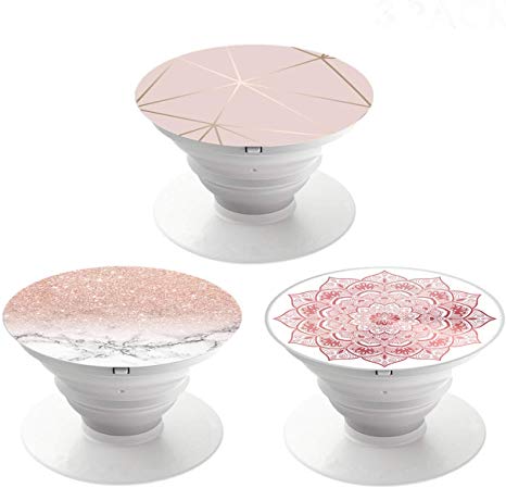 Collapsible Grip & Stand for Phones and Tablet (3 Pack) - Marble Rose Gold Mandala Geometric White