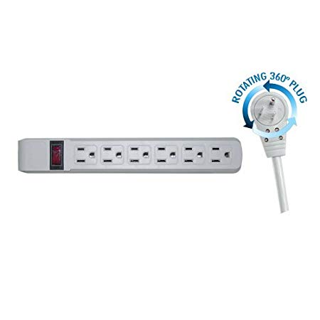 GadKo Surge Protector, Flat Rotating Plug, 6 Outlet, Gray Horizontal Outlets, Plastic, Power Cord 10 foot
