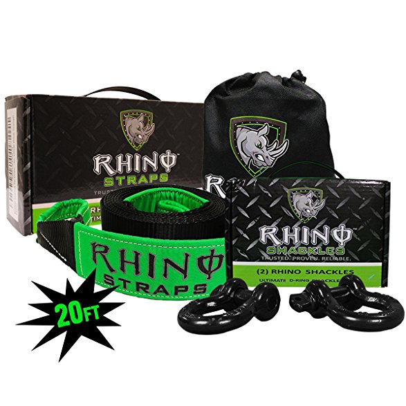 Rhino USA COMBO D Ring Shackles & 20' Tow Strap (41,850lb Break Strength) - Shackle For Vehicle Recovery, Hauling, Stump Removal & Much More - Best Offroad Towing Accessory for Jeeps & Trucks!